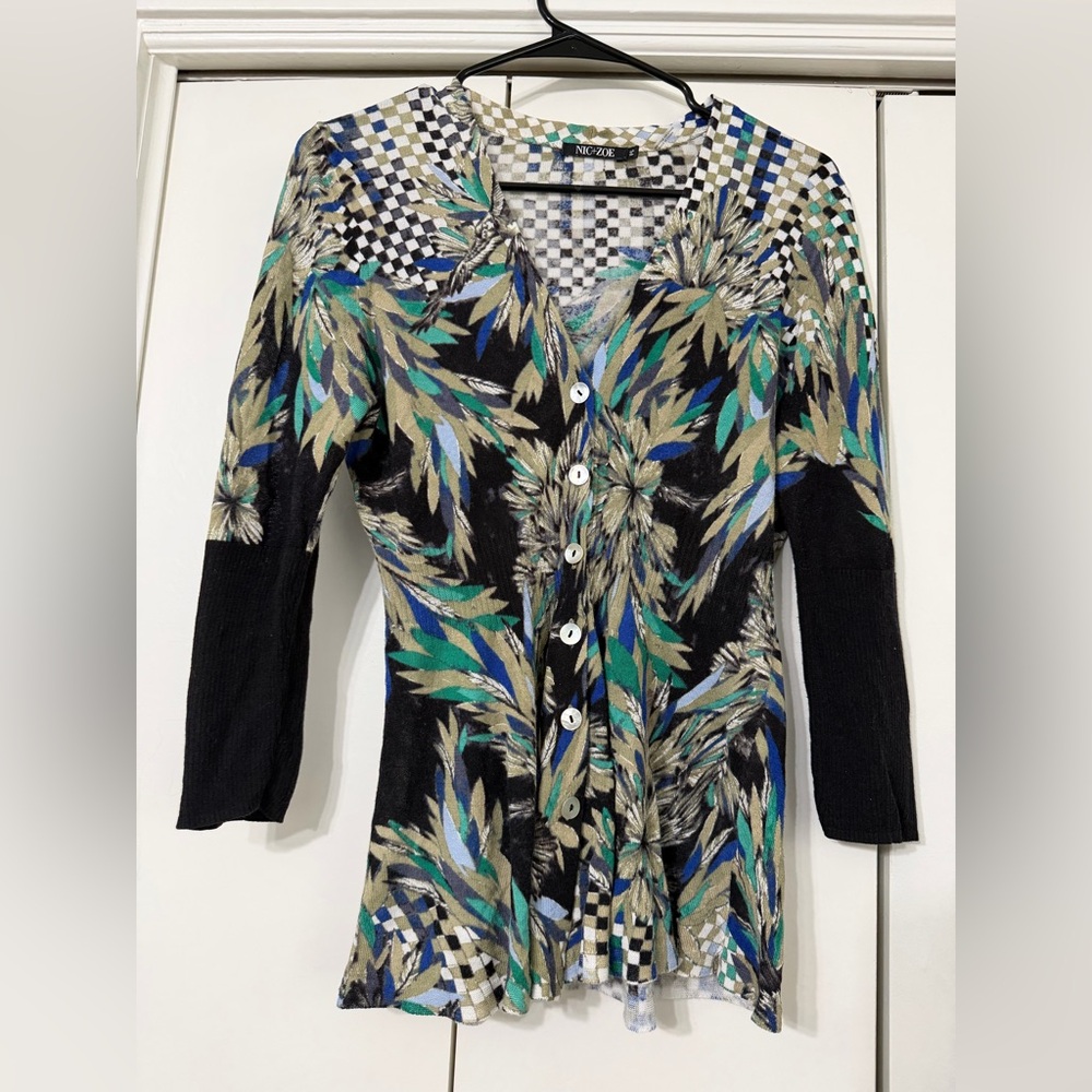 Nic + Zoe Bird Feather and Checkers Colorful Cardigan Size Petite Small